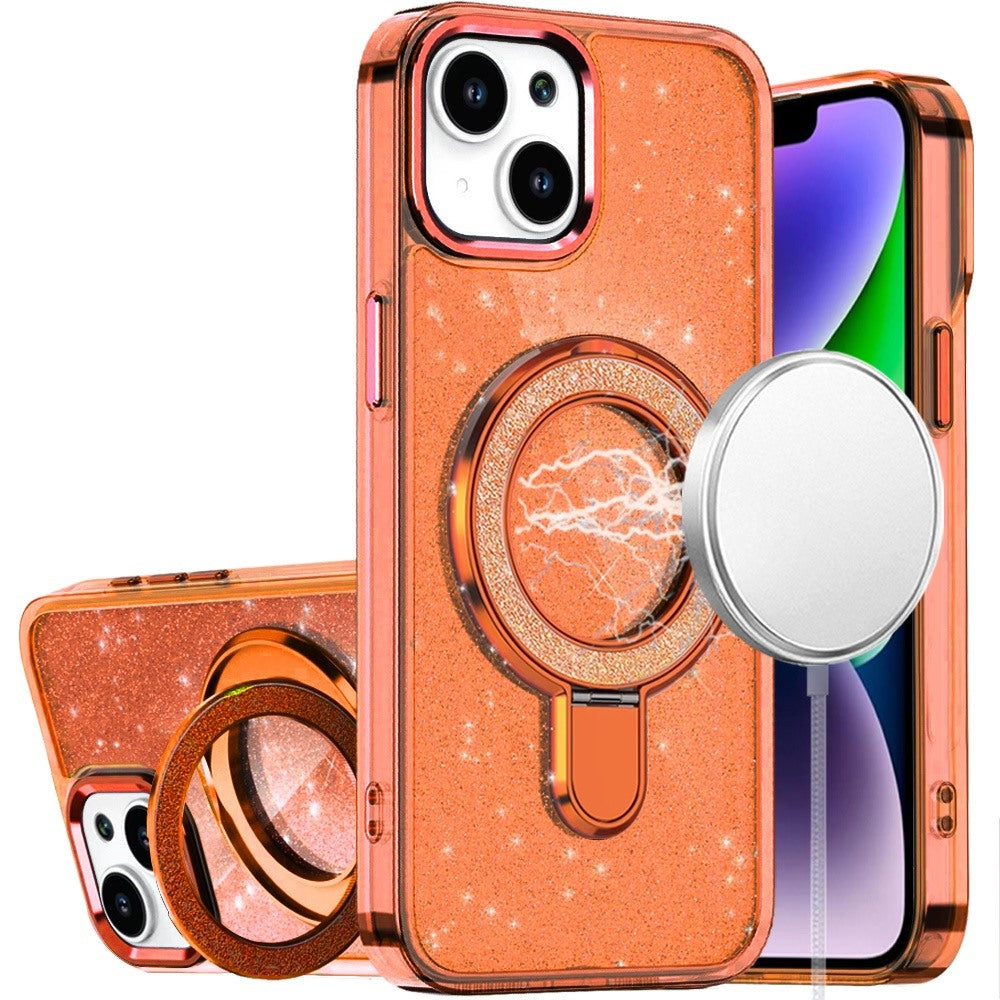 iPhone 15/13/14 Transparent Glitter Rotaional Magnetic Ring Stand HQ Hybrid - Cosmic Orange ( 1107736) (MSRP $49.99)