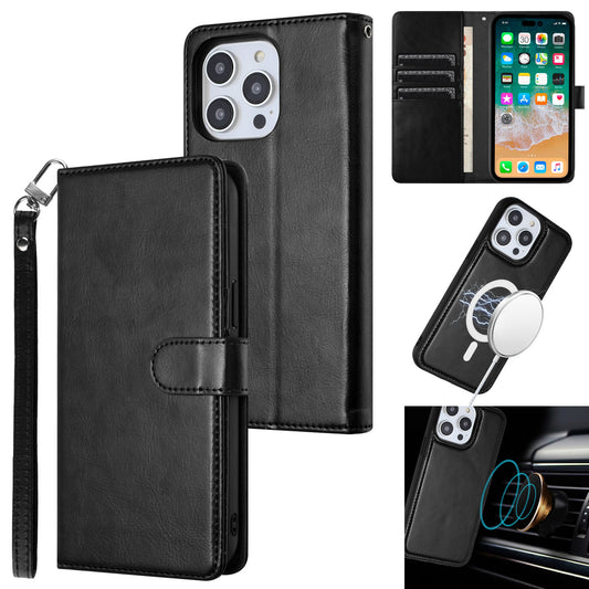 iPhone 15 Pro Magnetic Ring Compatible Deattachable PU Leather Hybrid Wallet Money Card Holder with Lanyard - Black (1106191)