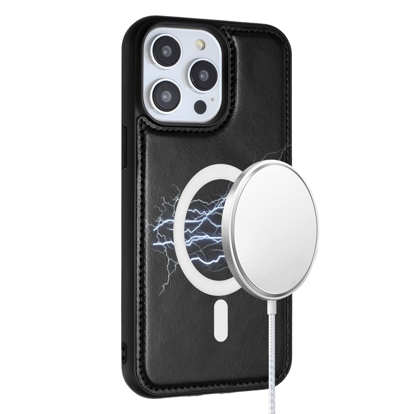 iPhone 15 Pro Magnetic Ring Compatible Deattachable PU Leather Hybrid Wallet Money Card Holder with Lanyard - Black (1106191)