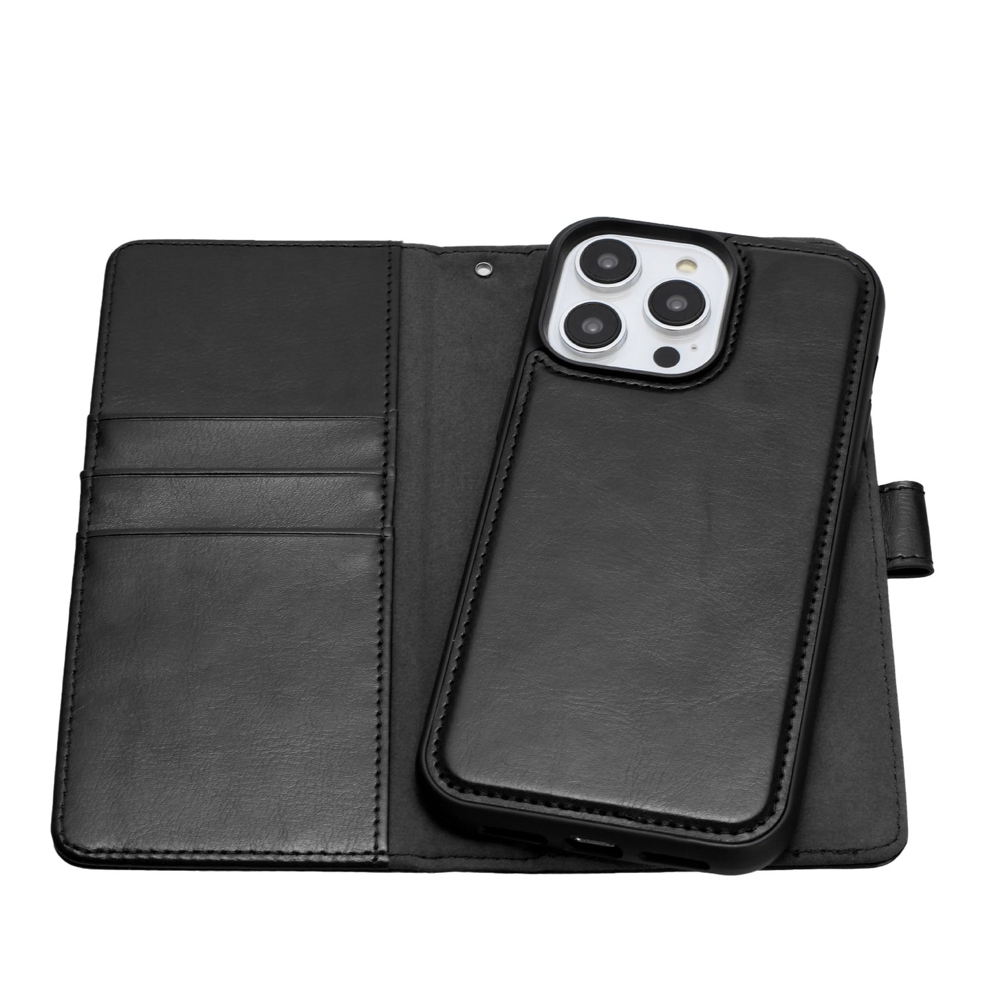 iPhone 15 Pro Magnetic Ring Compatible Deattachable PU Leather Hybrid Wallet Money Card Holder with Lanyard - Black (1106191)