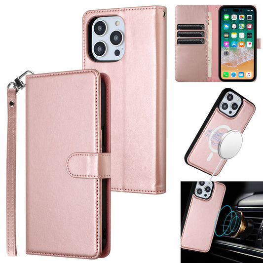 iPhone 15 Pro Magnetic Ring Compatible Deattachable PU Leather Hybrid Wallet Money Card Holder with Lanyard - Rose Gold (1106192)