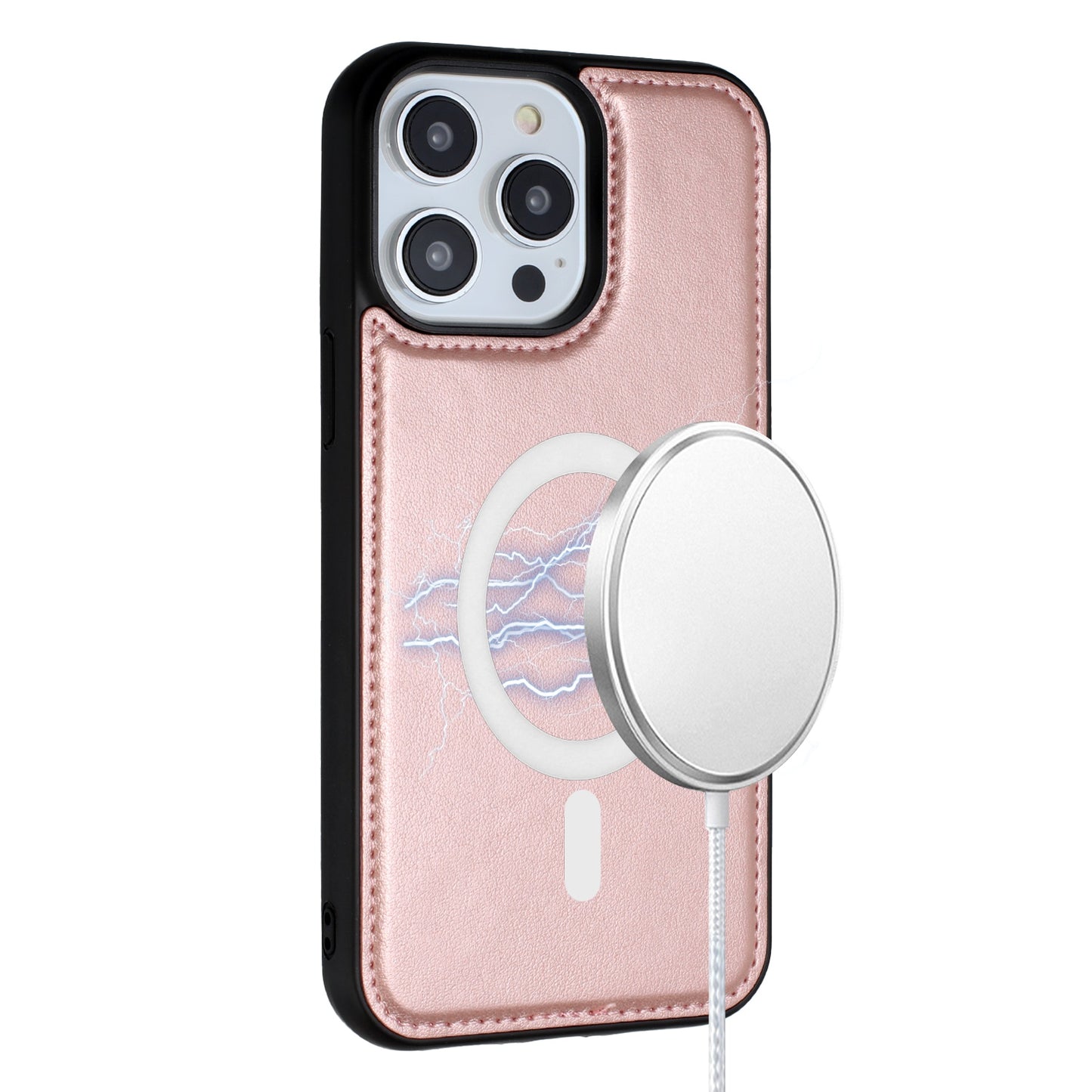 iPhone 15 Pro Magnetic Ring Compatible Deattachable PU Leather Hybrid Wallet Money Card Holder with Lanyard - Rose Gold (1106192)