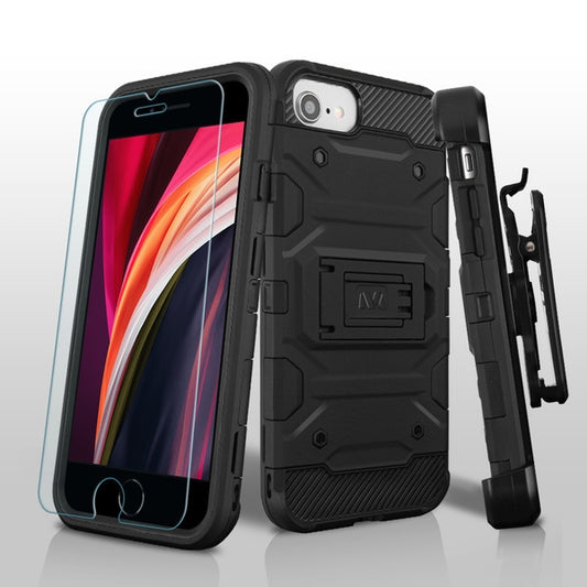 Apple iPhone 8/7 / SE (2020) MyBat 3-in-1 Storm Tank Hybrid Protector Cover Combo with Black Holster & Tempered Glass Screen Protector Military-Grade Certified - Black (1102509)