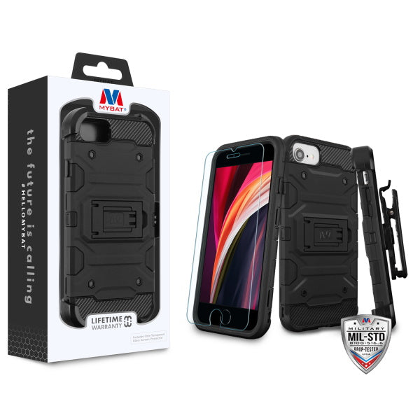 Apple iPhone 8/7 / SE (2020) MyBat 3-in-1 Storm Tank Hybrid Protector Cover Combo with Black Holster & Tempered Glass Screen Protector Military-Grade Certified - Black (1102509)