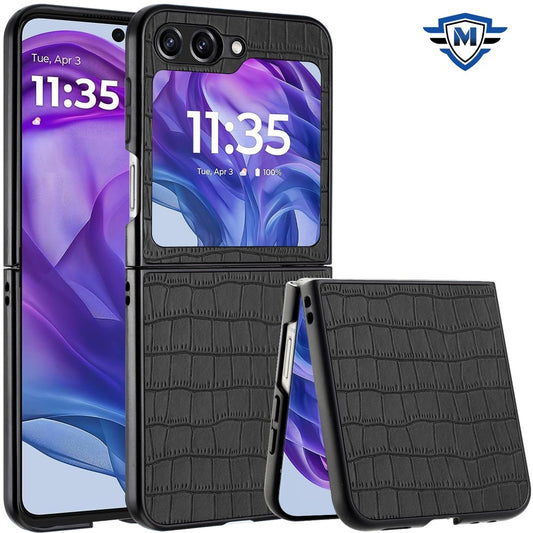 Motorola Razr 2024 METKASE PU Vegan Leather Premium Hard Snap On Case Cover in Slide-Out Package - Black (1107107)