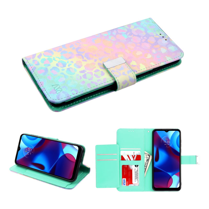 Moto G Play 2023, Moto G Pure, Moto G Power (2022) MyBat MyJacket Wallet Xtra Series with RFID Blocking Case - Holographic Leopard(1103607)