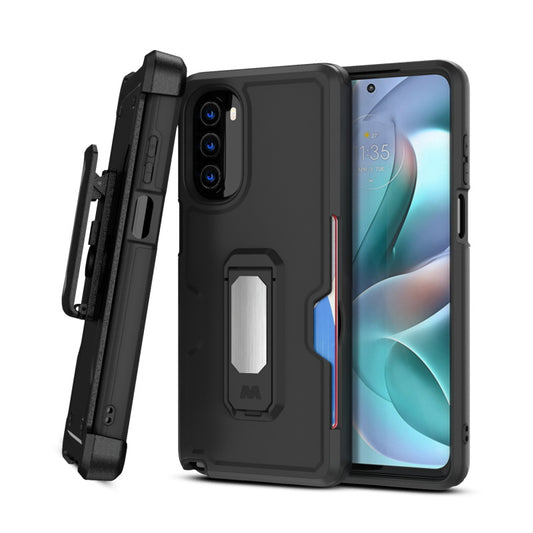 Motorola Moto G Stylus 5G (2022) MyBat Grip Stand Protector Case Combo (with Black Holster & Card Wallet) - Black (1103931)