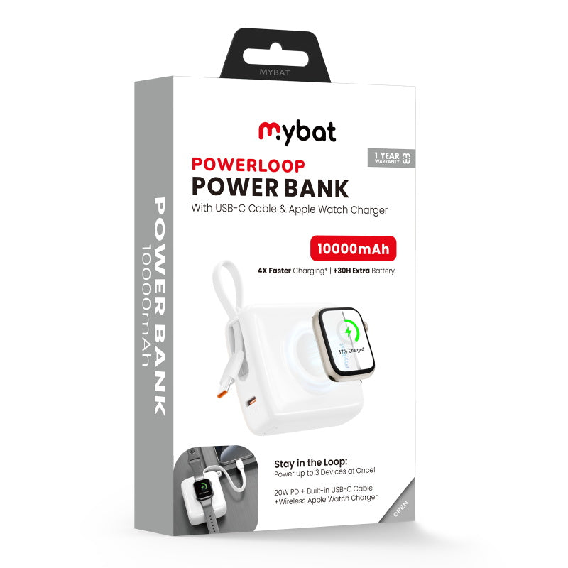 MyBat 10000mAh PowerLoop Power Bank with USB-C Cable & Watch Charger - White (1107757)