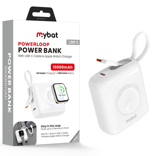 MyBat 10000mAh PowerLoop Power Bank with USB-C Cable & Watch Charger - White (1107757)