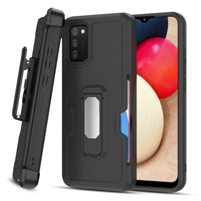 Samsung Galaxy A02s MyBat Grip Stand Protector Case Combo (with Black Holster)(with Card Wallet) - Black / Black (1101649)