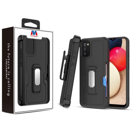 Samsung Galaxy A02s MyBat Grip Stand Protector Case Combo (with Black Holster)(with Card Wallet) - Black / Black (1101649)