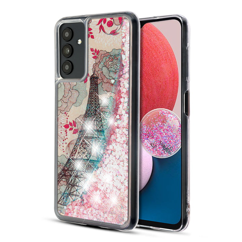 Samsung Galaxy A13 5G / (4G) MyBat Quicksand Glitter Hybrid Protector Cover - Eiffel Tower & Pink Hearts (1105874)