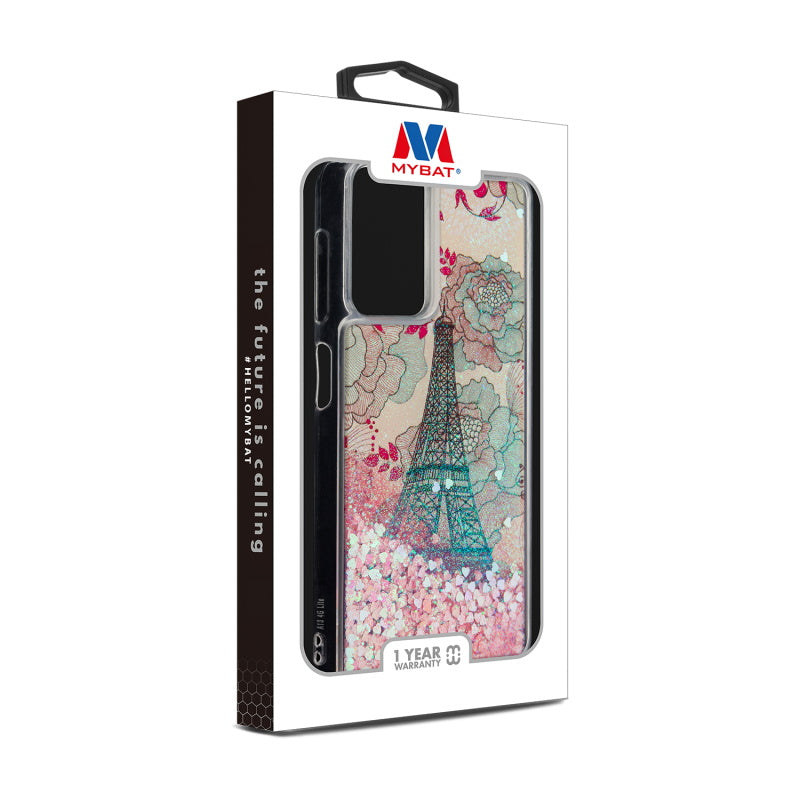 Samsung Galaxy A13 5G / (4G) MyBat Quicksand Glitter Hybrid Protector Cover - Eiffel Tower & Pink Hearts (1105874)