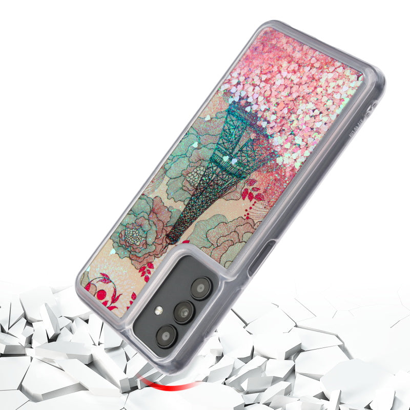 Samsung Galaxy A13 5G / (4G) MyBat Quicksand Glitter Hybrid Protector Cover - Eiffel Tower & Pink Hearts (1105874)