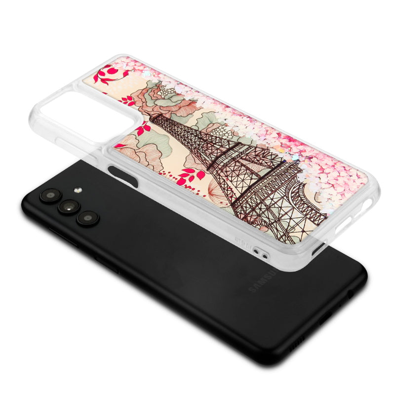 Samsung Galaxy A13 5G / (4G) MyBat Quicksand Glitter Hybrid Protector Cover - Eiffel Tower & Pink Hearts (1105874)