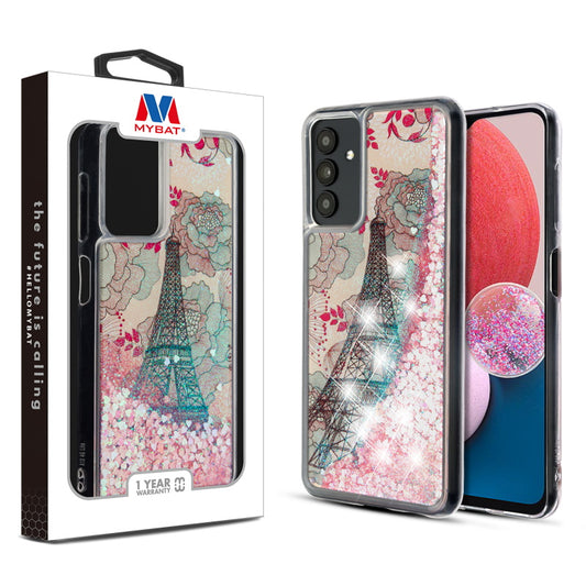 Samsung Galaxy A13 5G / (4G) MyBat Quicksand Glitter Hybrid Protector Cover - Eiffel Tower & Pink Hearts (1105874)