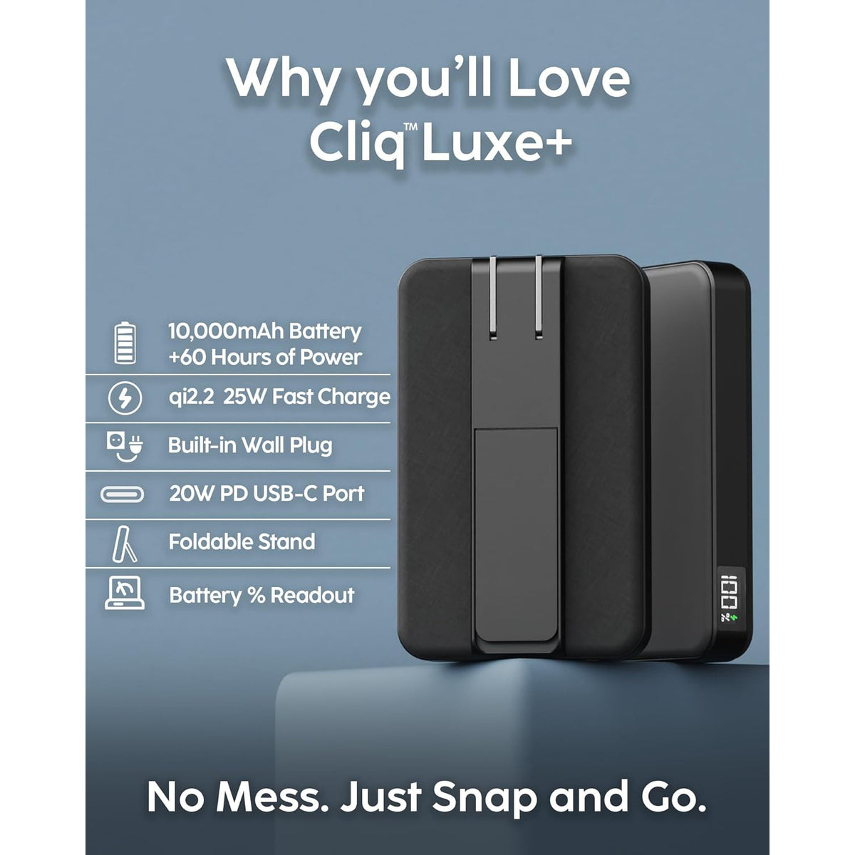 MYCHARGE 10K MAH CLIQLUXE QI2.2 W/ AC & STAND - BLACK ( 1108191) (MSRP $99.99)