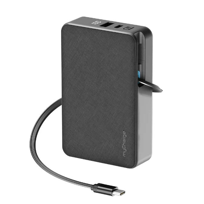 MYCHARGE 10K MAH RETRACTACHARGER POWER BANK W/ BUILT-IN USB-C CABLE (NO AC) - BLACK ( 1108192) (MSRP $79.99)