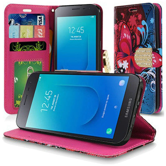 Samsung J2, J2 Pure Bling Flip Credit Card Design Wallet - Butterfly Bliss (893)