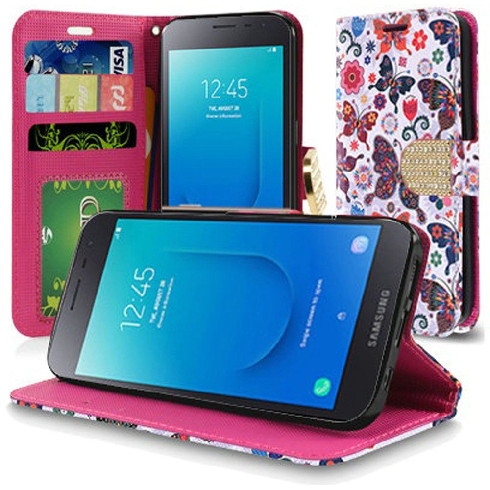 Samsung J2, J2 Pure Bling Flip Credit Card Design Wallet - Colorful Butterfly Flower Polka Dot Flora (3301)