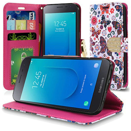 Samsung J2, J2 Pure Bling Flip Credit Card Design Wallet - Colorful Butterfly Flower Polka Dot Flora (3301)