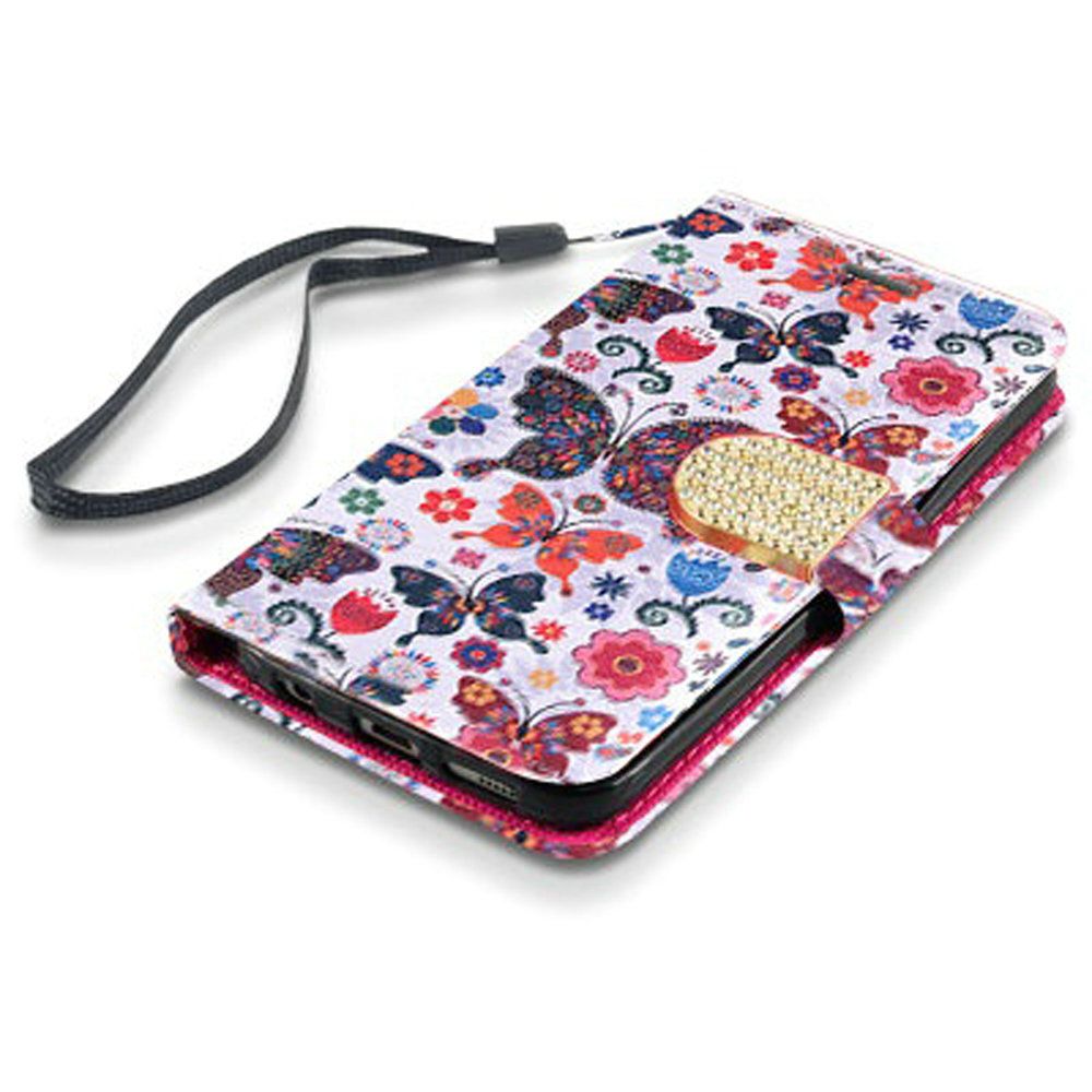 Samsung J2, J2 Pure Bling Flip Credit Card Design Wallet - Colorful Butterfly Flower Polka Dot Flora (3301)