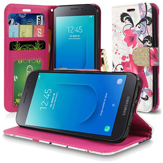 Samsung J2, J2 Pure Bling Flip Credit Card Design Wallet - Purple Lily (896)