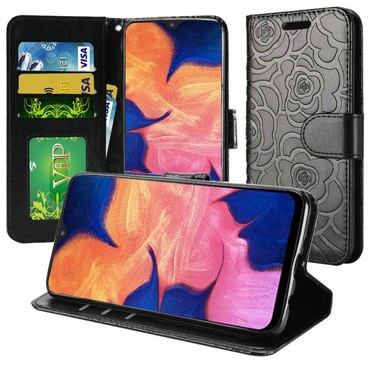 Samsung Galaxy A10e Wallet Flip Case Textured Rose Flower Design - Black (82)
