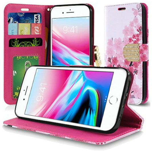 iPhone 8 Plus/7 Plus Bling Flip Credit Card Design Wallet - Sakura Cherry Blossom Exotic Floral (475