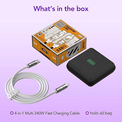 MFish 240W 4-in-1 Fast Charging Cable, White, 6.6FT | Carrying Case, USB-A USB-C to USB-C/Lightning (240W, 4-in-1) (1108287)(MSRP $39.99)