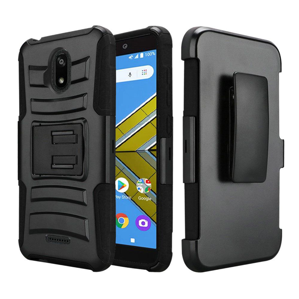 Cricket Icon Case Premium Holster Clip Kickstand Case Cover - Black+Black (110046)