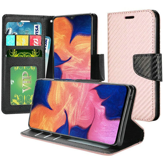 Samsung Galaxy A10e Wallet Flip Case Textured Carbon Fiber - Rose Gold (79)