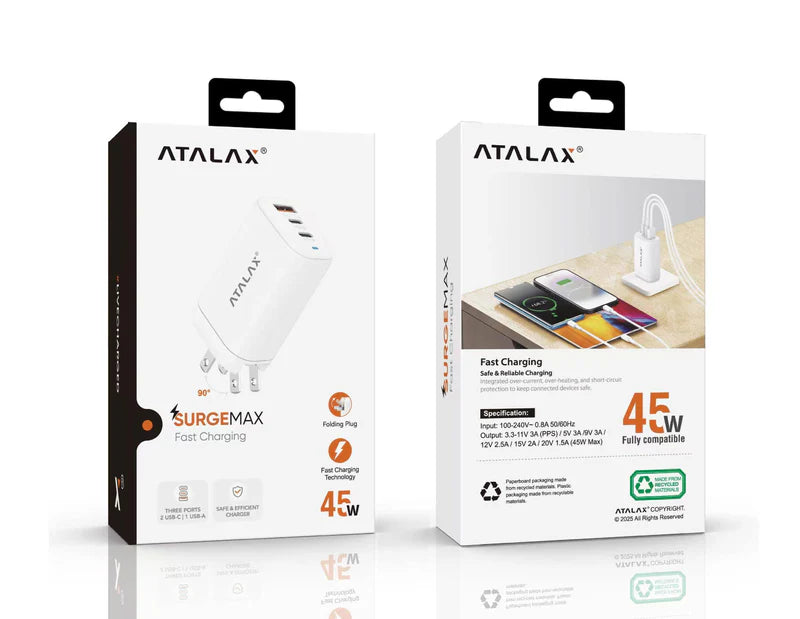 ATALAX SURGEMAX X13 45W DUAL PD/USB WALL ADAPTER WHITE ( 1103769) (MSRP $39.99)