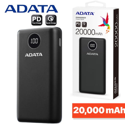 ADATA P20000QCD Power Bank, 20000mAh USB-C Input Port, Meets PSE Technical Standards, Qualcomm QC 3.0, Supports USB Power Delivery 3.0, USB-A to USB-C Cable, Black - Black (1107099)