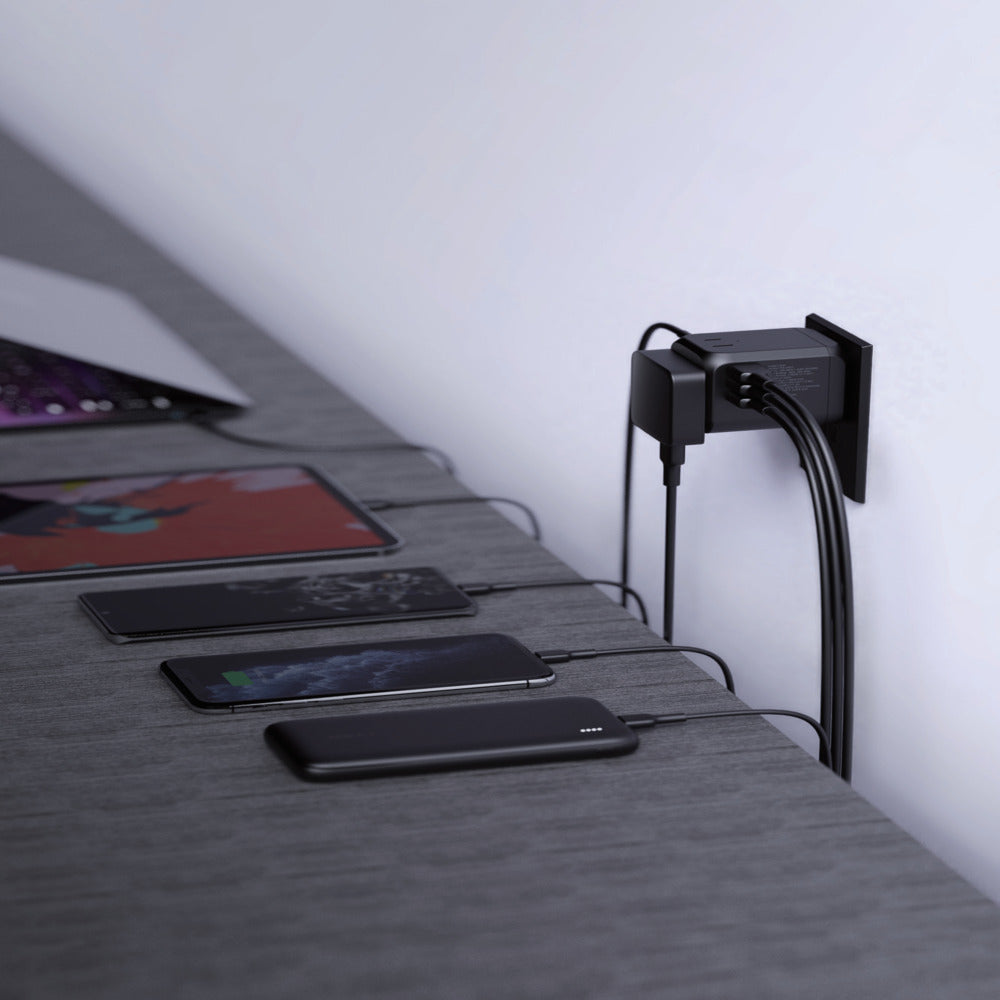 Aukey PA-TA04 Universal Adapter with 30W PD Port - International Compatibility: Built-in 4 types of international plugs (UK/US/EU/AU Plug) covers over 150 countries - charge 6 devices with the 3 USB ports, 1 Type-C port, 2 AC ports - Black (1102949)