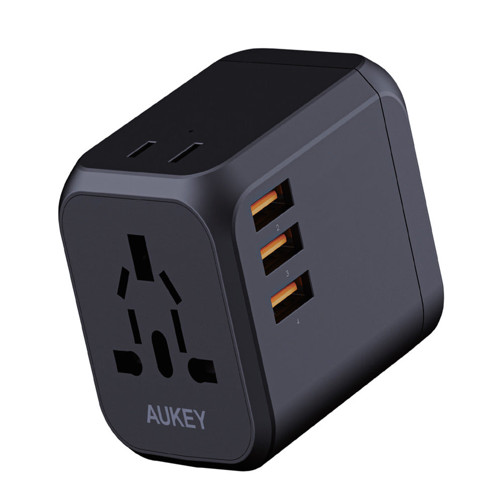 Aukey PA-TA04 Universal Adapter with 30W PD Port - International Compatibility: Built-in 4 types of international plugs (UK/US/EU/AU Plug) covers over 150 countries - charge 6 devices with the 3 USB ports, 1 Type-C port, 2 AC ports - Black (1102949)