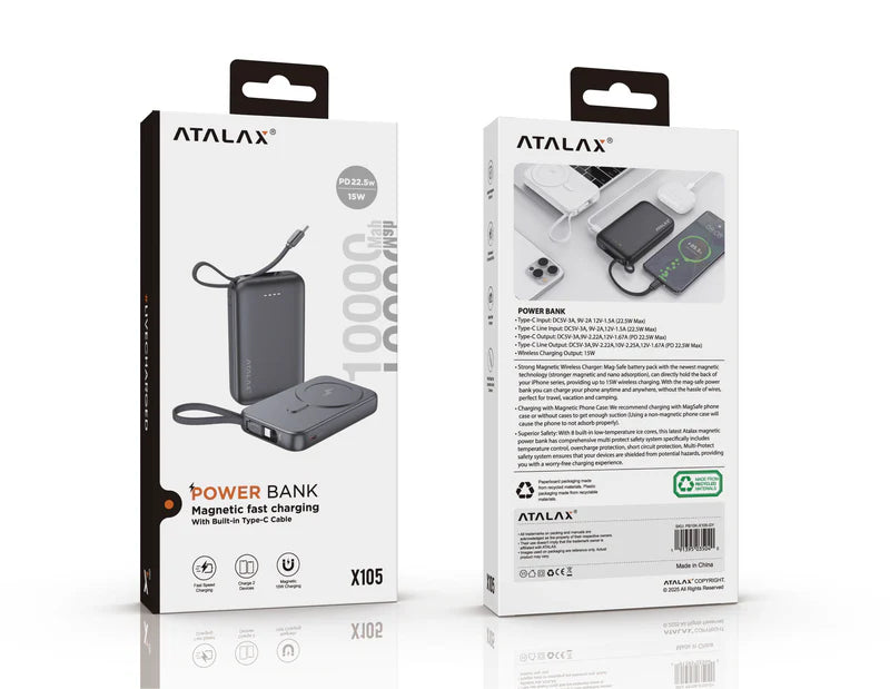 ATALAX X105 MAGSAFE WIRELESS POWER BANK 10000 MAh GRAY ( 1103767) (MSRP $89.99)
