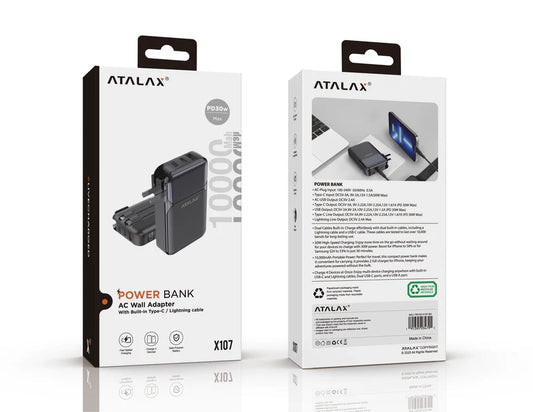 ATALAX X107 30W POWER BANK AC WALL ADAPTER 10000 MAh BLACK ( 1107786) (MSRP $69.99)