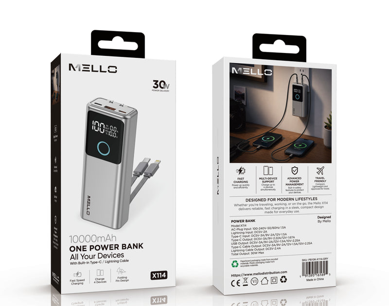 MELLO X114 30W POWER BANK AC WALL ADAPTER 10000 MAH GRAY (1108131) (MSRP $69.99)