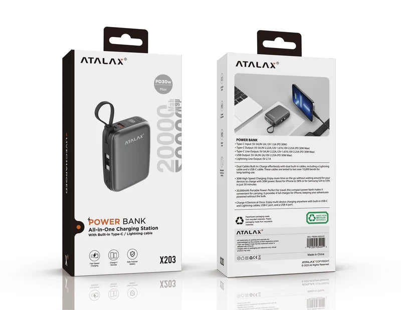 ATALAX X203 20000 MAh POWER BANK WITH TYPE-C CABLE ( 1103513) (MSRP $79.99)
