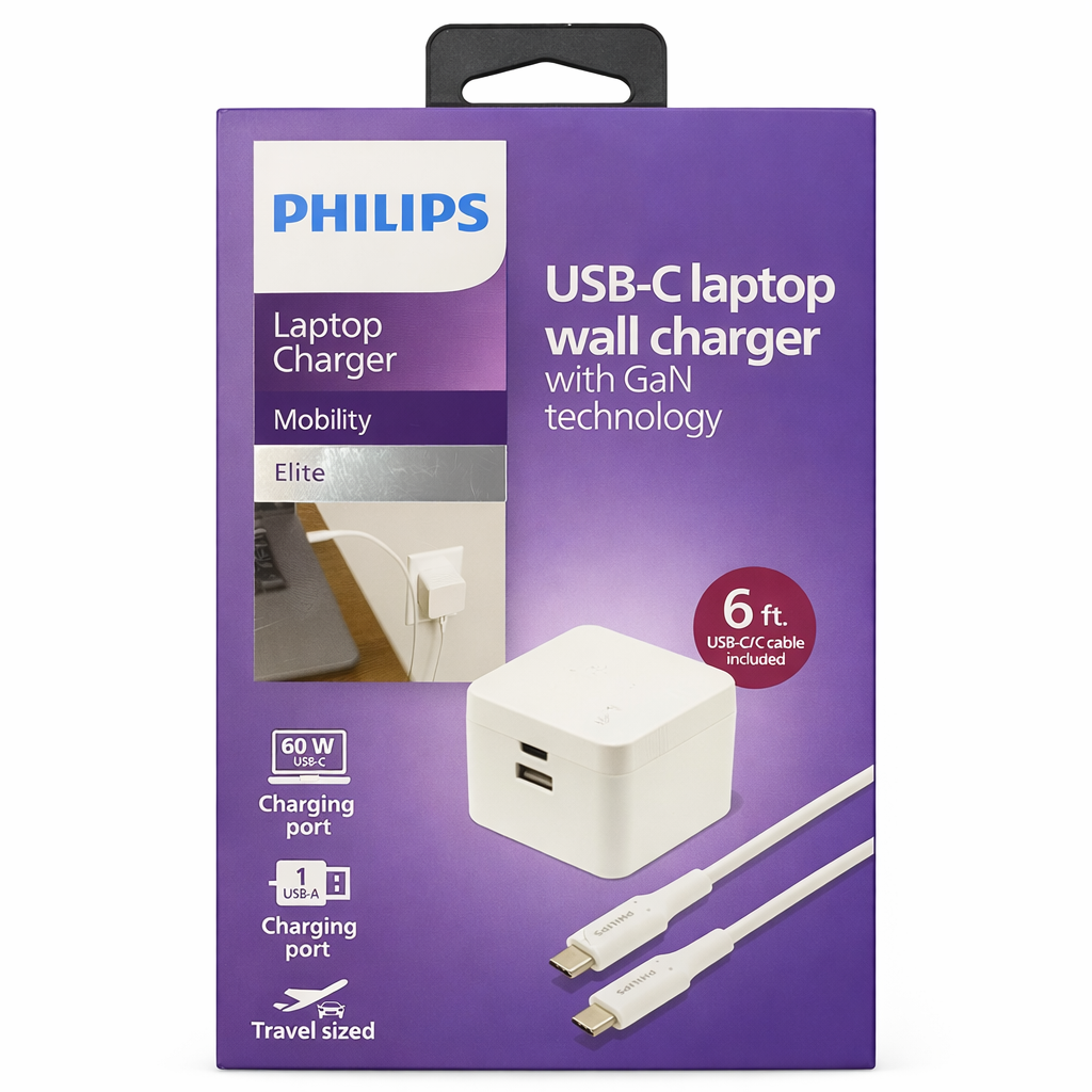 PHILIPS [CHARGING WALL ADAPTER - CABLE] (67.5W USB-C - USB-A PD 6FT CABLE WHITE) - GAN PD FAST CHARGE (1108167) (MSRP $79.99)
