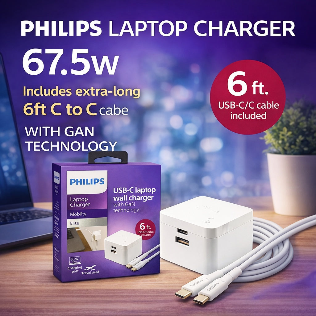 PHILIPS [CHARGING WALL ADAPTER - CABLE] (67.5W USB-C - USB-A PD 6FT CABLE WHITE) - GAN PD FAST CHARGE (1108167) (MSRP $79.99)