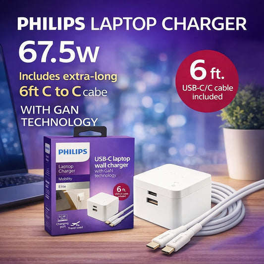 PHILIPS [CHARGING WALL ADAPTER - CABLE] (67.5W USB-C - USB-A PD 6FT CABLE WHITE) - GAN PD FAST CHARGE (1108167) (MSRP $79.99)
