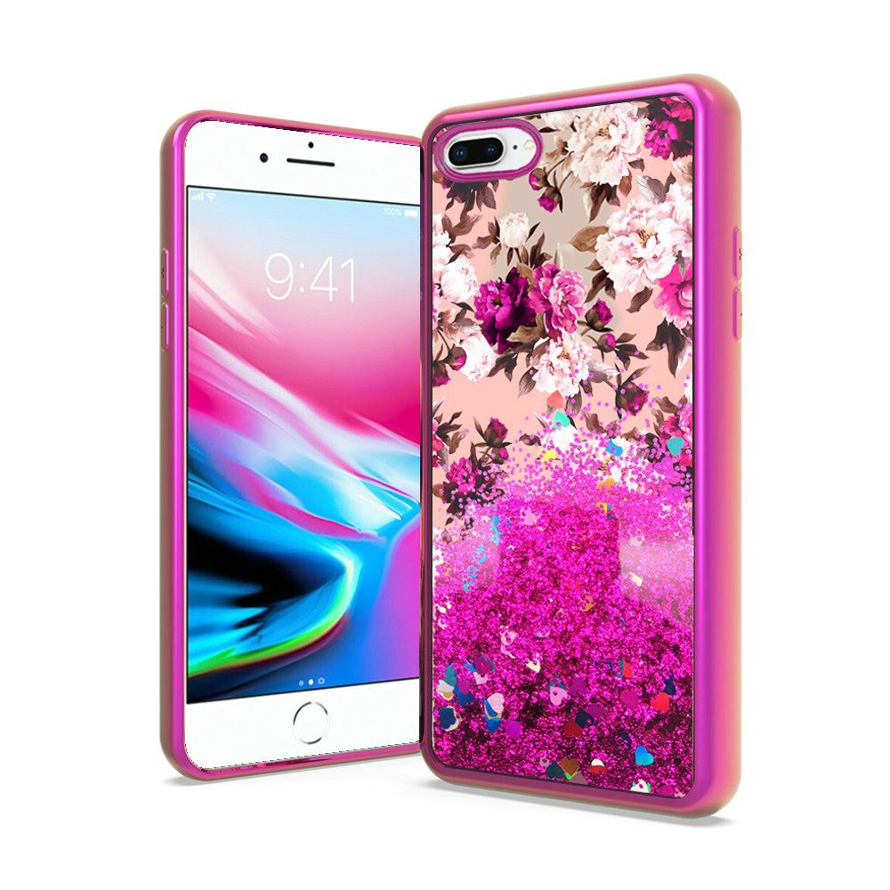 iPhone 8 Plus/7 Plus/6 Plus/6s Plus Design Water Quicksand Glitter - Rose Pink White Flower (4728)