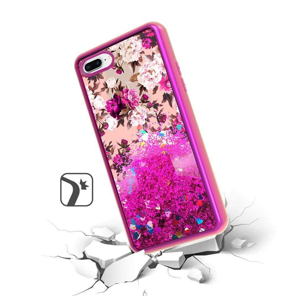 iPhone 8 Plus/7 Plus/6 Plus/6s Plus Design Water Quicksand Glitter - Rose Pink White Flower (4728)
