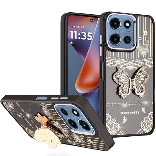 Motorola Moto G 5G 2025 Splendid Glitter Butterfly Design Stand with Metallic Edges Hybrid Case - Black ( 1103363) (MSRP $49.99)