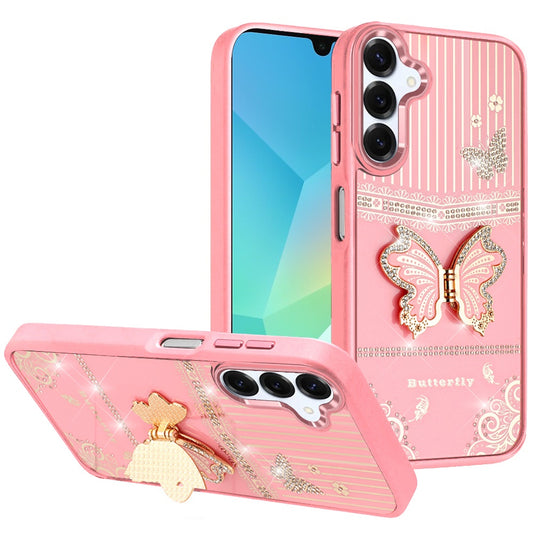 Samsung A16 5G Splendid Glitter Butterfly Design Stand with Metallic Edges Hybrid Case - Light Pink ( 1103669) (MSRP $49.99)