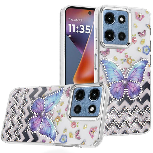 Motorola Moto G 5G 2025 Resin Epoxy Design Diamond Metal Edged Hybrid Case - A ( 1103352) (MSRP $49.99)