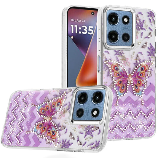 Motorola Moto G 5G 2025 Resin Epoxy Design Diamond Metal Edged Hybrid Case - B ( 1103353) (MSRP $49.99)