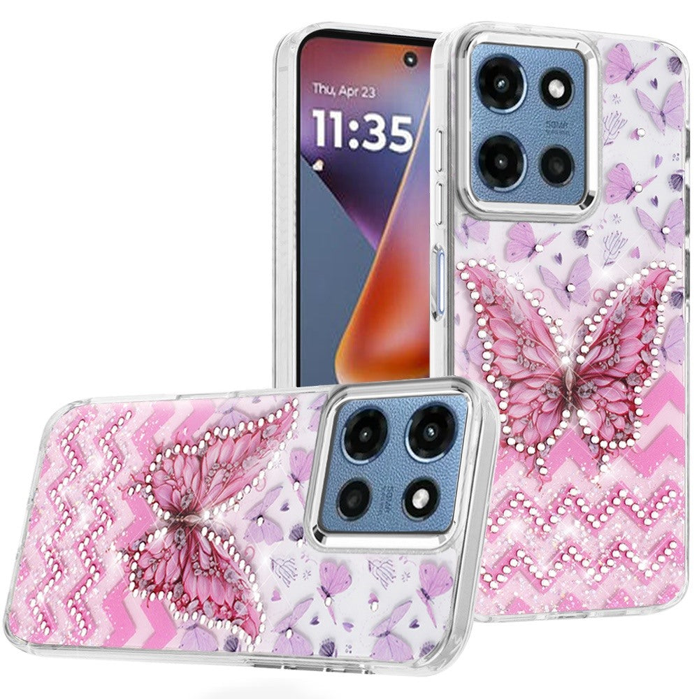 Moto G 5G 2025/2026 - G Play 2026 - Resin Epoxy Design Diamond Metal Edged Hybrid Case - C  (1108099) (MSRP $49.99)